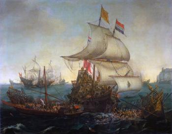 亨德裡尅 科內利斯 維姆 Dutch Ships Ramming Spanish Galleys off the Flemish Coast in October